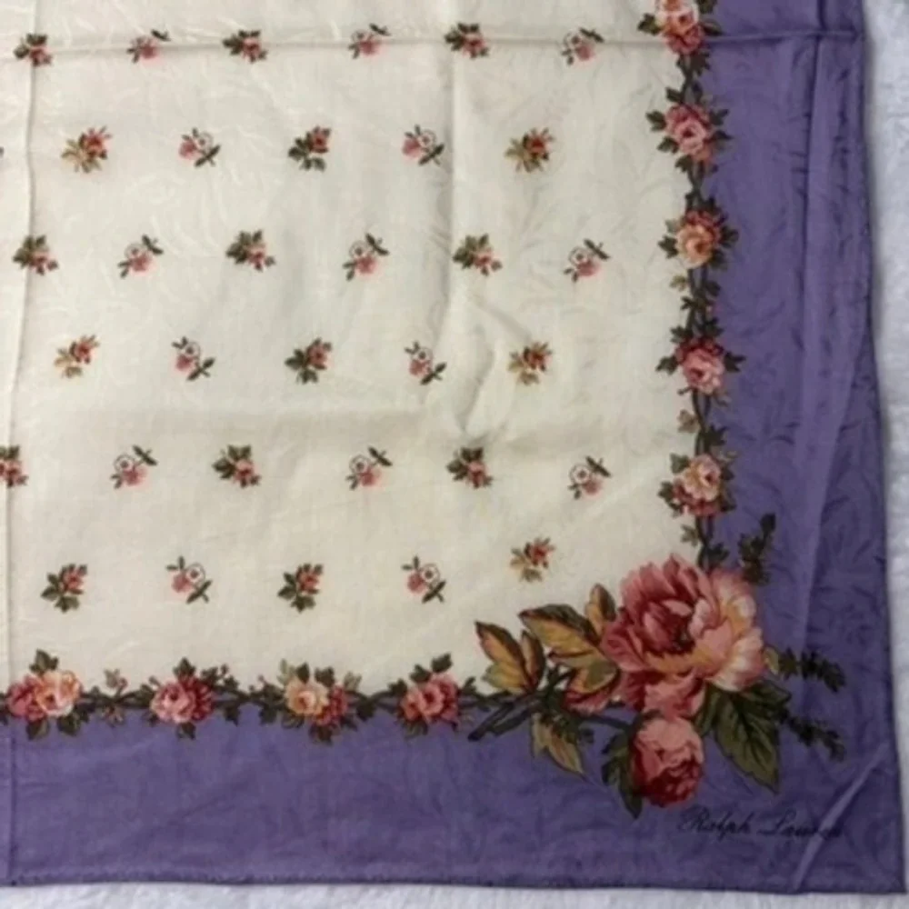 Vtg RALPH LAUREN Scarf Handkerchief Floral Purple Pink Cream 19.5